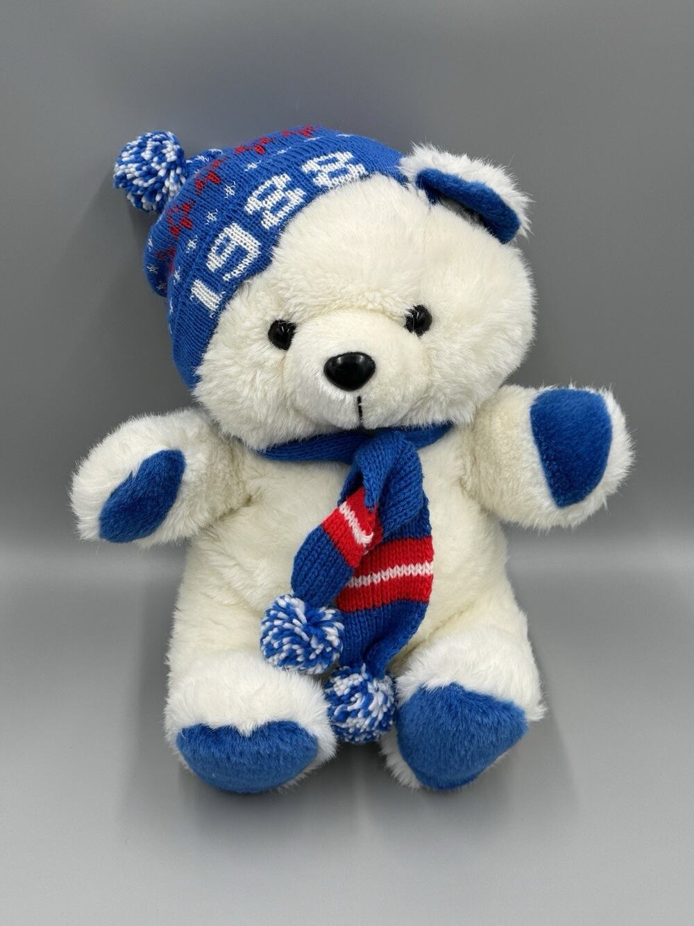 Vintage 1988 Kmart Christmas Plush Teddy White Blue W/ Knit Hat & Scarf 15”